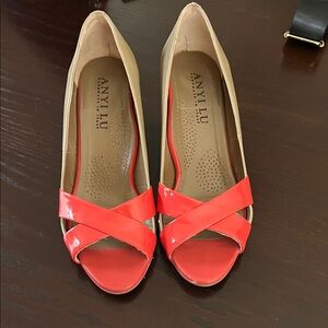 Anyi Lu Red and Tan Cross Strap Heels